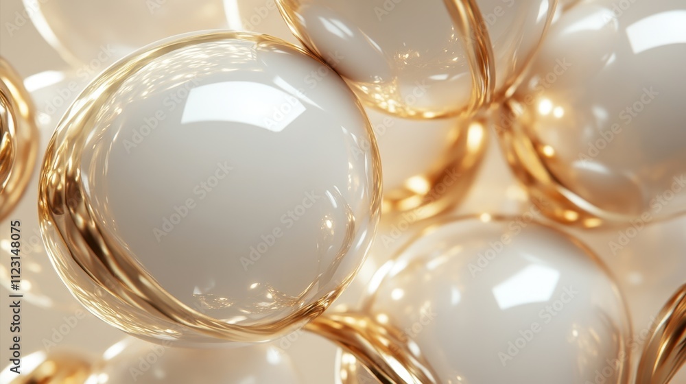 Poster glossy white and gold spheres cluster together, showcasing reflections and highlights, creating an e
