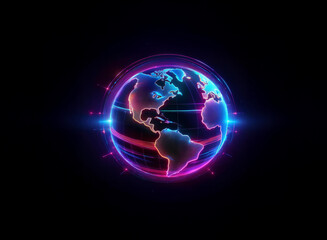 Obraz premium A vibrant, glowing digital Earth encircled by neon pink and blue rings against a black background. The planet is depicted with futuristic, glowing lines.