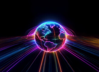Obraz premium A vibrant, glowing Earth encircled by radiating neon light streaks against a black background. The image evokes a sense of global connectivity and technological advancement.