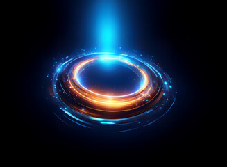 Abstract digital art depicting glowing concentric rings with a central light beam.  The vibrant blue and orange hues create a futuristic, energetic feel.