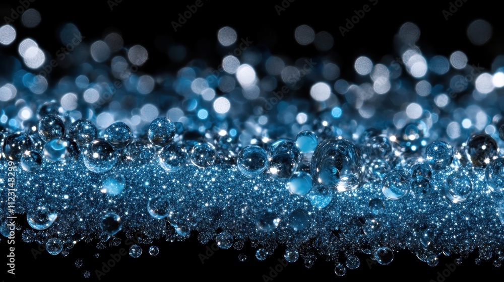 Poster bubbles and droplets form a captivating display of light and texture, showcasing shades of blue on a