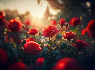 Obraz premium Luminous sunset bathes a lush rose garden in warm light. Deep red blooms, some open, others budding, create a vibrant, romantic scene.
