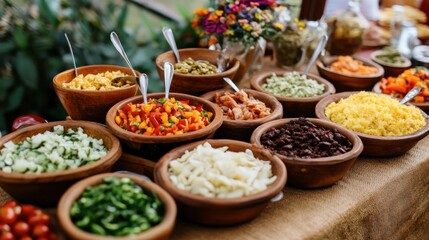 Fototapeta premium Colorful Display of Fresh Ingredients in Rustic Bowls for Tacos