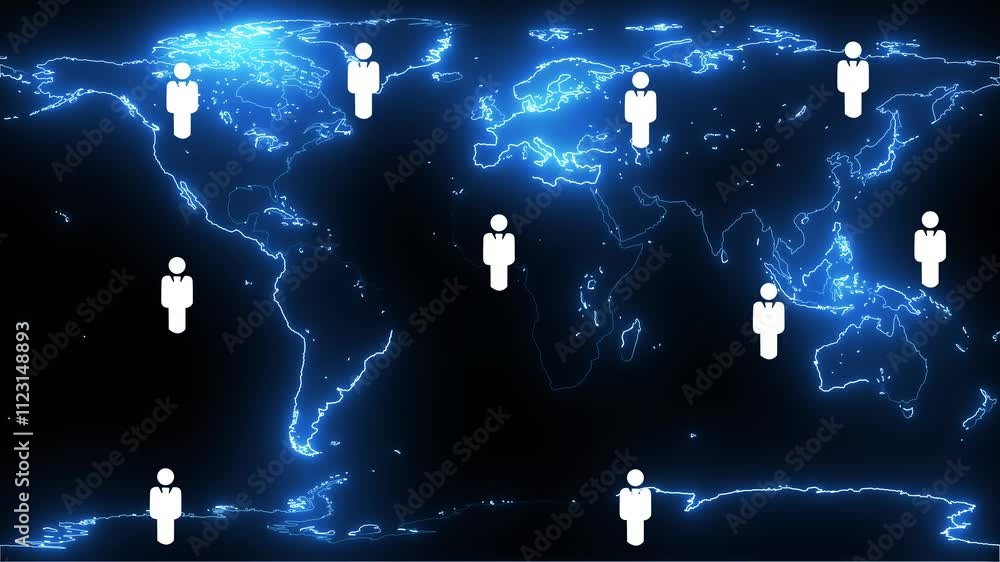 Aufkleber digital neon world map with neon network connections and communication icons world global technology