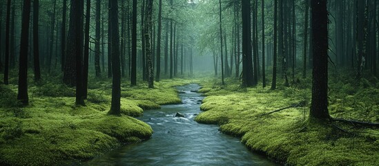 Obraz premium Misty forest stream flowing through lush green moss. (1)
