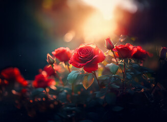 Obraz premium Red roses bask in the warm glow of a setting sun, their velvety petals illuminated, creating a vibrant, romantic scene. The lush green foliage provides a striking contrast.