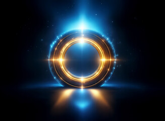 Obraz premium Glowing golden and blue circular portal with bright light effects. A futuristic, energy-filled design, reflecting on a dark surface.