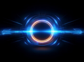 A glowing circular interface with blue and orange light streaks.  Futuristic technology, digital energy, and abstract design elements are prominent. The image suggests a portal or energy field.