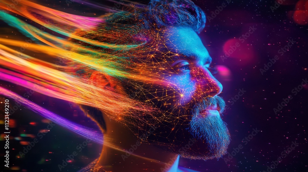 Poster colorful light streams flow from the man's head, emphasizing his profile. the vibrant digital effect