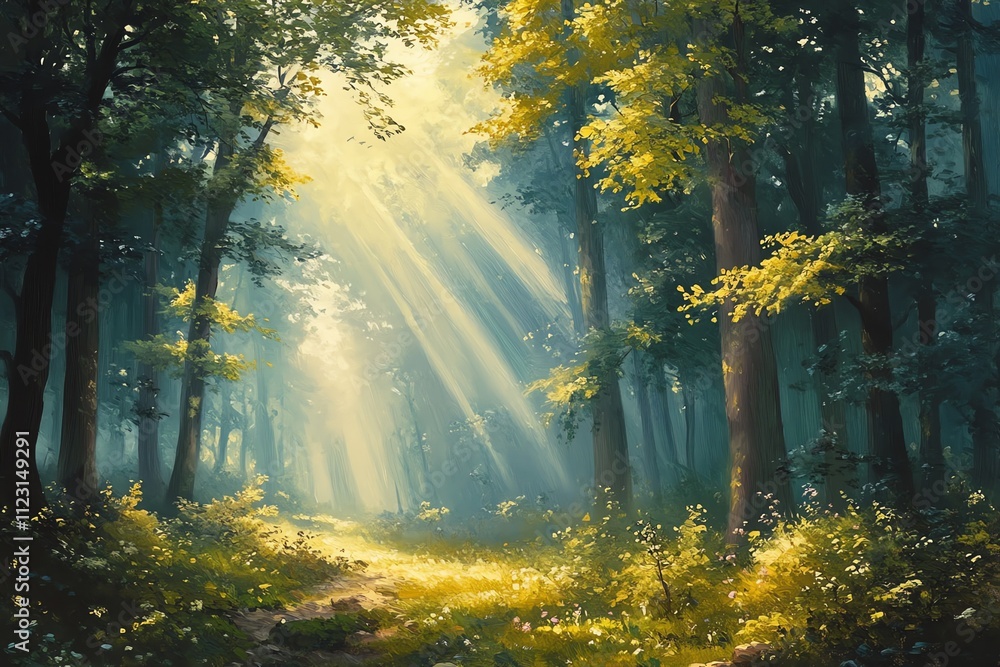 Poster a serene forest scene with sunlight filtering through trees, creating a tranquil atmosphere.