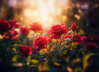 Obraz premium Luminous sunset bathes a cluster of deep red roses in warm light. Green leaves and buds surround the blossoms, creating a vibrant, romantic scene.