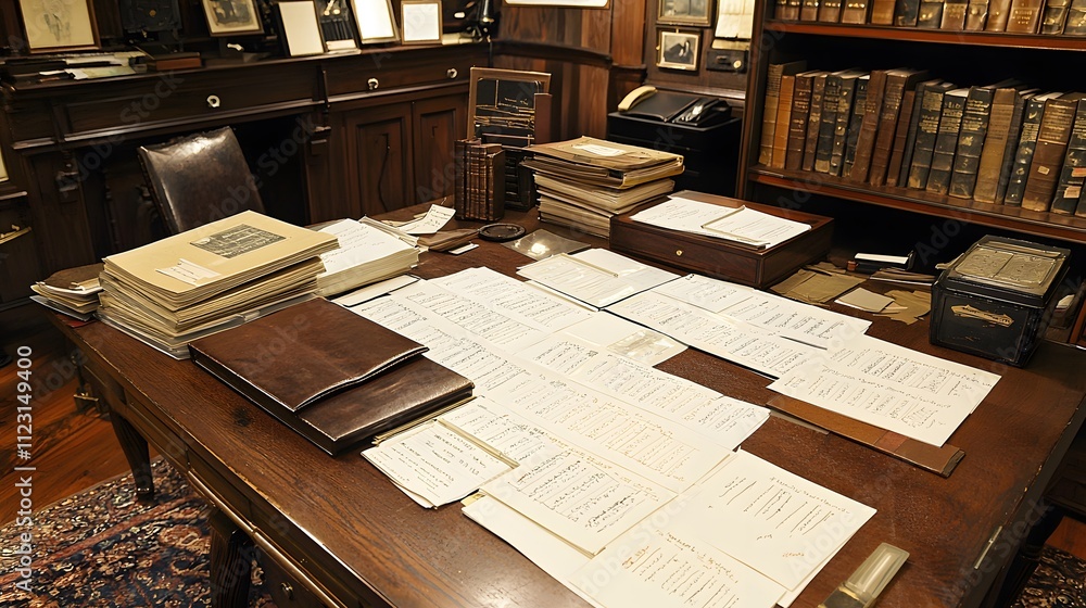 Aufkleber A desk with organized files and a classification chart prominently displayed.