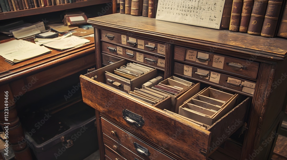 Aufkleber A desk with organized files and a classification chart prominently displayed.