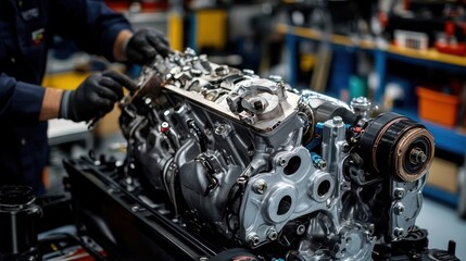Fototapeta premium High-Performance Engine Detail: Precision Engineering and Automotive Mechanics