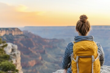A traveler admires a stunning sunset view over a canyon landscape.