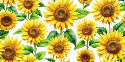 Fototapeta premium Vibrant Sunflower Pattern for Textiles and Fabrics - Perfect for Home Decor, Fashion and Creative Projects, Offering a Fresh and Cheerful Aesthetic on a Crisp White Background