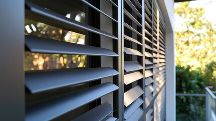 Urban modern home with geometric shutters and automated roller blinds, blending cutting-edge technology with stylish design