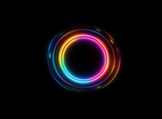 Vibrant, concentric neon rings glow brightly against a stark black background.  The circles create a mesmerizing, colorful halo effect.