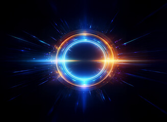 Obraz premium A vibrant, concentric double ring of blue and orange light glows intensely against a dark background, radiating streaks of light outward. The central space is dark, creating a captivating contrast.