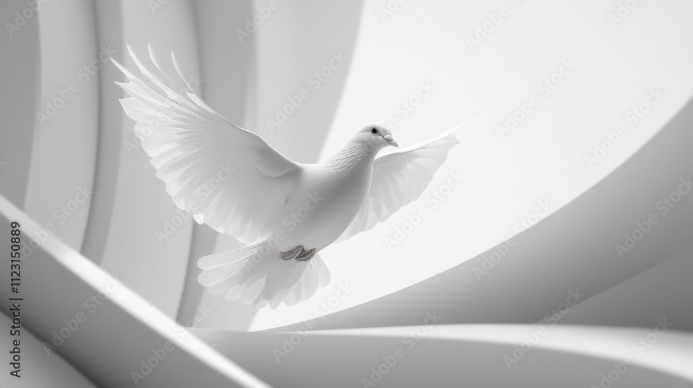 Poster white dove in flight with abstract background and curved lines