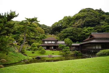 日本の横浜市にある三溪園の日本家屋と庭園の芝