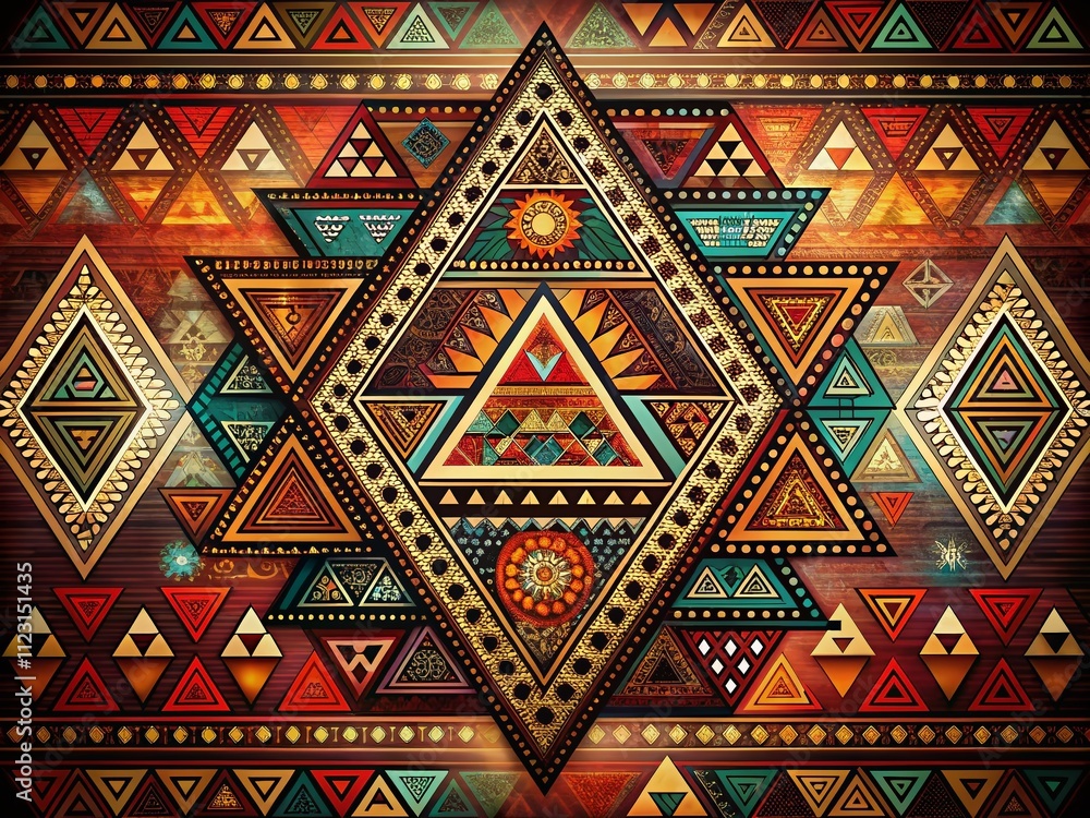 Poster vibrant tribal design with triangles and lines featuring ample text space for creative projects and 