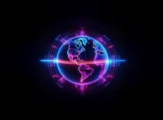 A glowing digital globe, encircled by vibrant pink and blue neon rings, pulses with futuristic energy against a dark backdrop.  The earth is shown with a prominent red equatorial line.