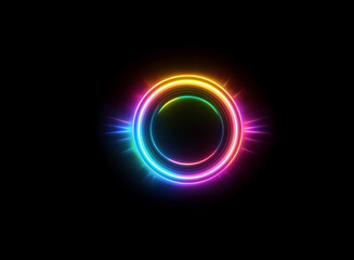 Obraz premium Vibrant rainbow neon circle glows brightly against a stark black background. The concentric rings create a mesmerizing, dynamic effect.