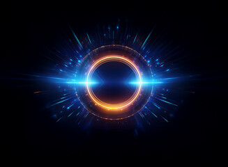 Obraz premium A vibrant, glowing ring of orange and blue energy radiates light and particles against a dark background. The circular form is central, with bursts of light extending outward.