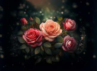 A cluster of roses in varying shades of pink and red,  illuminated by soft, ethereal light against a dark background.  Dust motes dance in the air, enhancing the magical ambiance.