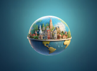 A miniature city nestled within a vibrant globe, showcasing a charming blend of architecture and global landscapes.  The scene is idyllic and peaceful, suggesting a utopian world.