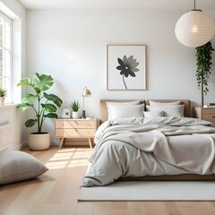 Fototapeta premium A cozy and minimalist bedroom with a large bed, wooden nightstand, and potted plants. The room has white walls