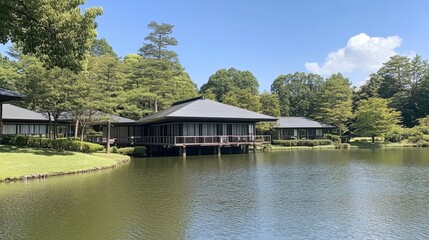 Obraz premium Tranquil Traditional Architecture by Serene Reflective Pond