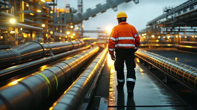 An oil rig worker heads toward a spotlight shining brightly on a complex network of pipes, with multicolored safety tape adding contrast in the evening light.