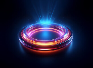 Glowing neon rings with vibrant orange and blue light beams radiate from a central point, creating a futuristic, ethereal scene.  The circular forms are reflective, casting a subtle glow on the dark b