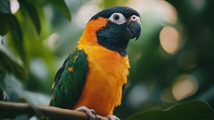 Naklejka premium A Black-Headed Caique perched on a vine, with orange, green, and black feathers in a tropical setting