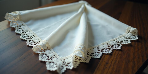 Vintage white lace handkerchief on wooden table