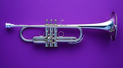 Fototapeta premium A polished, chrome trumpet on a bright purple background, with ample empty space around it to highlight its elegance.