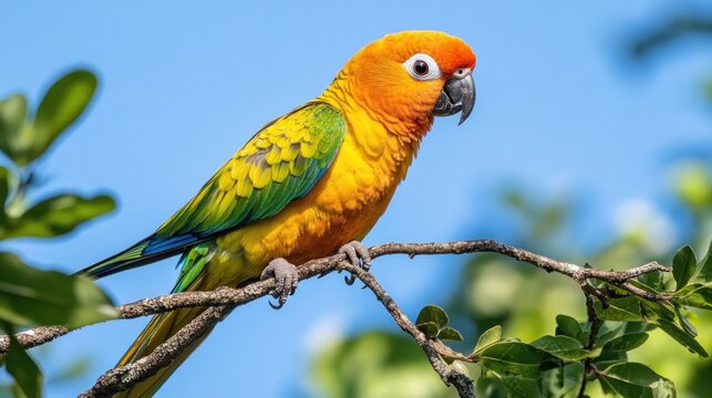 A Jenday Conure perched on a tree branch, showing its orange, yellow, and green feathers against a blue sky