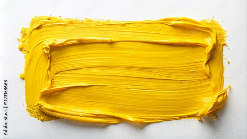 Poster vibrant yellow oil paint strokes creating an abstract rectangular shape with glossy finish on white 