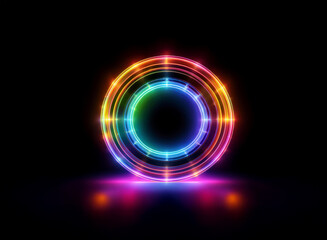 Vibrant, multicolored neon rings glow brightly on a dark background, creating a circular, futuristic design with a reflective surface.
