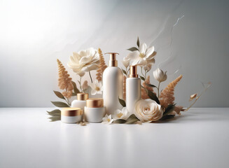 Elegant white and gold cosmetic bottles arranged amidst delicate cream-colored flowers and flowing translucent elements on a minimalist white background.  A luxurious and serene aesthetic.