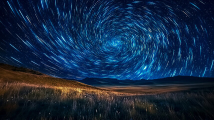 Create a stunning landscape featuring a night sky filled with swirling stars and bright celestial bodies