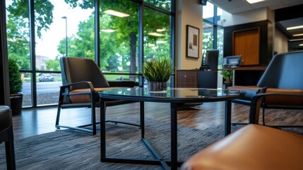 A room with a glass coffee table and a potted plant in front of it