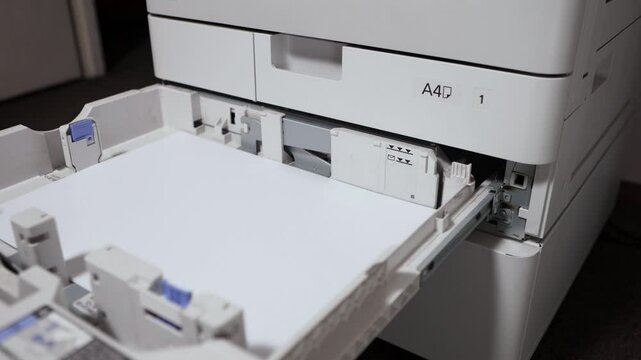 An office worker puts a stack of paper into the printer tray. A man's hand puts a stack of A3 paper sheets into an office MFP.