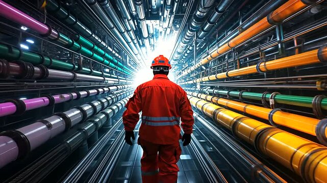 An oil rig worker heads toward a spotlight shining brightly on a complex network of pipes, with multicolored safety tape adding contrast in the evening light.