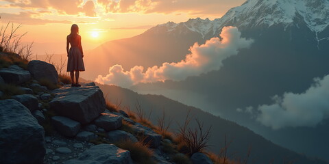 Woman admiring sunset over misty mountains