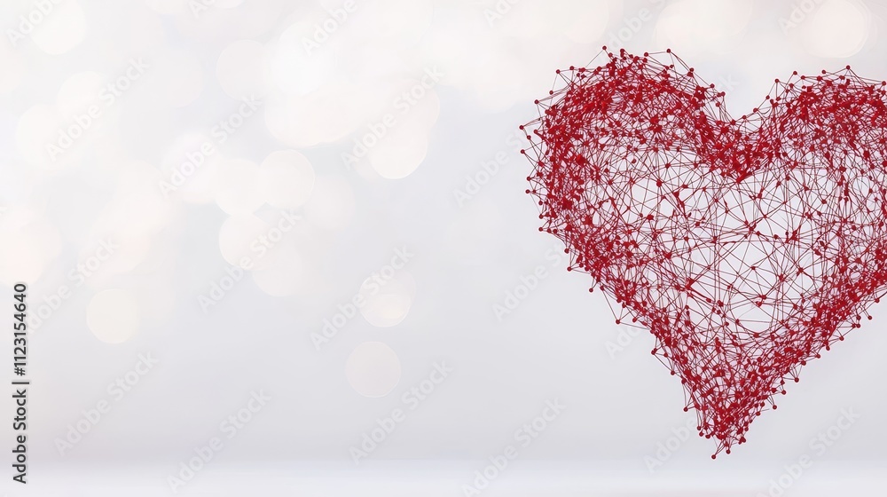 Poster abstract heart design created with red lines and dots on soft blurred background representing love a