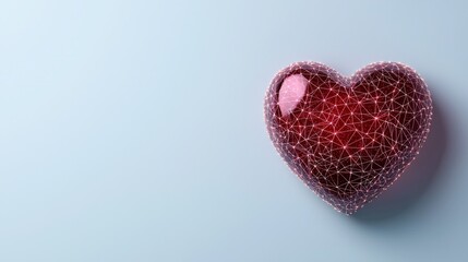 Obraz premium Glowing Heart Shape Made of Red Glass with Luminous Wireframe on Soft Blue Background for Love and Romance Themes