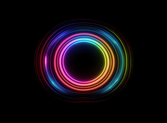 Vibrant rainbow rings radiate outwards from a central void, glowing brightly against a stark black backdrop.  The concentric circles create a hypnotic effect.
